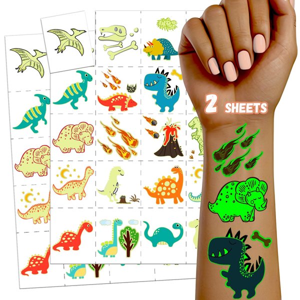 TatoYard Glow Party Favors for Kids Birthday Decorations, Bulk Birthday Temporary Tattoo Stickers for Boys Girls, Party Supplies Goodie Bags Stuffers Fillers (Dinosaur)