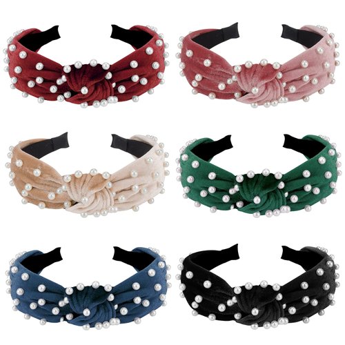 Jaciya Knotted Pearl and Velvet Headbands Pack - Wide Top Knot Turban Hairband Set for Women