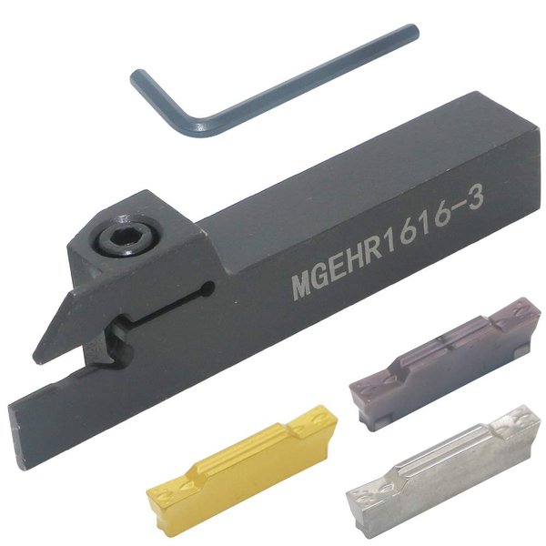 CNC Lathe Grooving Tool Holder MGEHR1616-3(0.63 Inch), with Three MGMN300 Cemented Carbide Blades. Yellow Processed Steel, Fuchsia Processed Stainless Steel, Silver Processed Aluminum Alloy. (3mm)