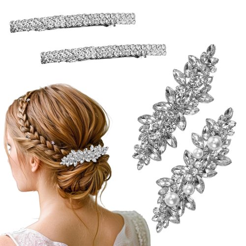 4Pcs Rhinestone Bridal Hair Clips Crystal French Barrette Hair Clips Sparkle Leaf Wedding Hairpin Silver Hairpin Barrette for Women Bridal Wedding Accessories