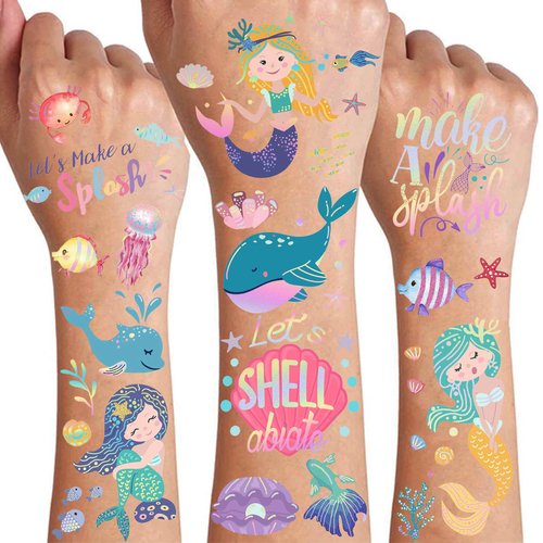 96+ PCS Groovy Iridescent Mermaid Temporary Tattoos For Kids Girls Boys - Flash Metallic Fake Tattoos Stickers Child Face, Birthday Party Supplies Cartton Under The Sea Ocean Dolphin Animal Creatures