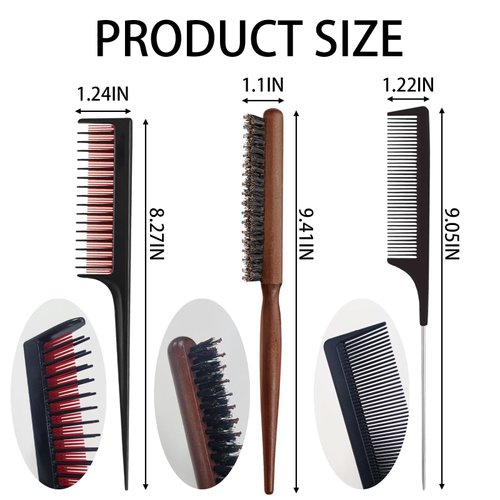 4 Pcs Hair Teasing Comb Set Women Rat Tail Weaving Highlighting Comb Triple Hair Brush Styling Backcombing Parting Slicking Salon Curly Long Thick Wet Hair