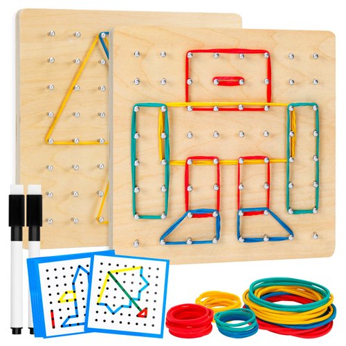 2Pack Wooden Geoboard,Montessori Toy,Graphical Mathematical Education Toy for Kids with Pattern Cards and Rubber Bands to Figures and Shapes, Brain Teaser STEM Toy Geo Board.