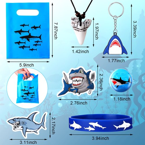 Jerify 110 Pcs Shark Party Favors, Shark Keychains, Shark Tooth Necklaces, Silicone Bracelet Wristbands, Shark Button Pins, Shark Gift Bags and Stickers for Birthday Party Supplies Ocean Sea