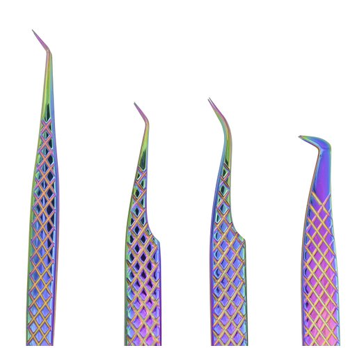 M LASH Tweezers for Eyelash Extensions (Set of 4) - Professional Lash Extension Tweezers - Fiber Tip, Japanese Steel, Diamond Grip Eyelash Extension Tweezer (Multi-Color)