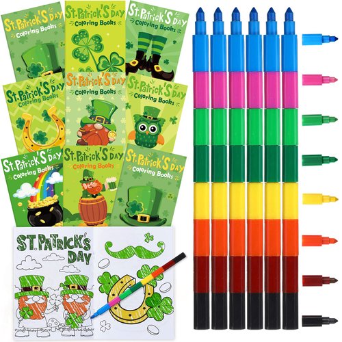 24 Pcs St. Patrick's Day Coloring Books for Kids Bulk with 24 Stacking Crayons Saint Patrick Day Kids Party Favors Set Green Shamrock Lucky Clover Activity Books for Irish Party Favors Supplies Gifts