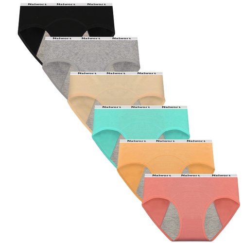 Nalwort Teen Girls Period Underwear Menstrual Period Panties Leak-Proof Organic Cotton Protective Briefs Pack of 6