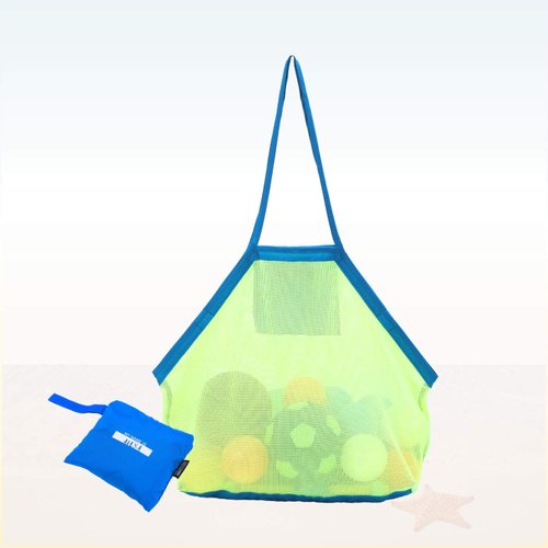 SIMPLECARRY Small Green Mesh Beach Tote Carryon Shoulder Bag Foldable Kids Beach Pool Toys Sea Shells Bag