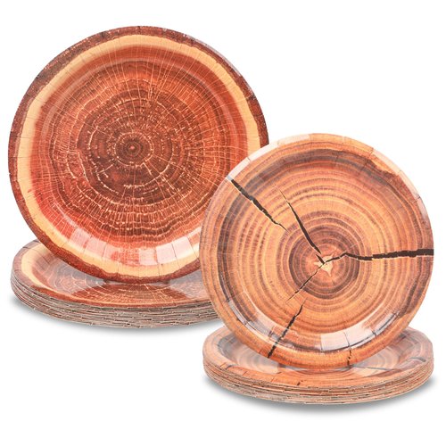 miikoul 50 Pieces Wood Grain Paper Plates, Rustic Wood Slice Plate, Round Disposable Dinner Paper Plates Set for Camping Woodland Baby Shower Lumberjack Birthday Party Supplies(7",9")