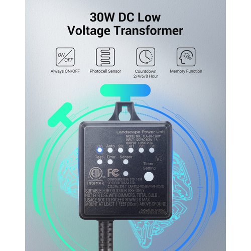 DEWENWILS 30W Outdoor Low Voltage Transformer with Timer and Photocell Light Sensor, 120V AC to 12V DC, Weatherproof, Specially for LED Landscape Lighting, Spotlight, Pathway Light, ETL Listed