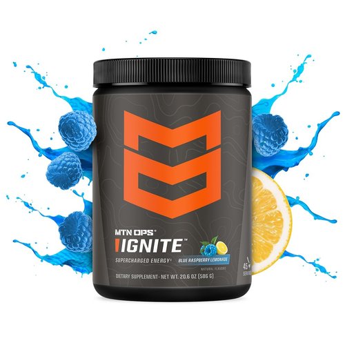 MTN OPS Ignite Energy Drink Powder, Gluten Free Nitric Oxide Supplement Drink Mix, L Arginine, L Citrulline, Caffeine & Nootropic Sugar Free Drink Mix, 45 Servings, Blue Raspberry Lemonade