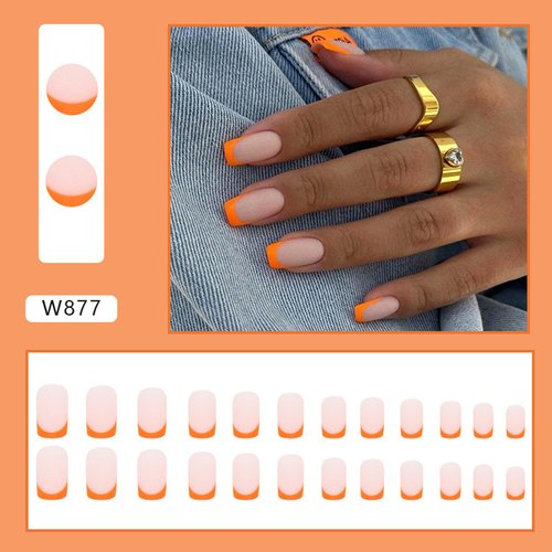 Orange French Tip Press on Nails Medium Square Matte False Nails With Designs Full Cover Stick on Nails Acrylic Coffin Artificial Nails Glue on Nails for Women Girls Nail Art Decorations 24Pcs