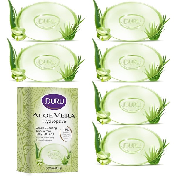 Duru Aloe Vera Glycerin Bar Soap Cleansing Bar Moisturizing Sensitive Skin - Vegan Transparent Paraben Free Alcohol Free Silicone Free Phthalete Free Gluten Free Body Wash - Pack of 6
