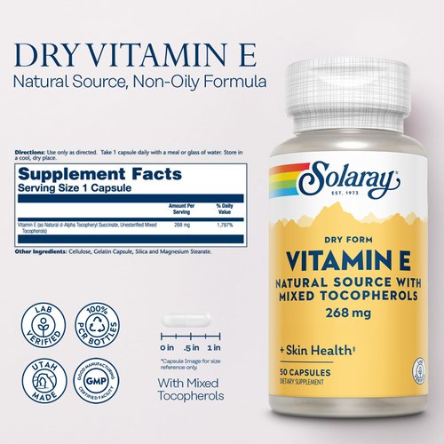 SOLARAY Vitamin E 400 IU (268mg), Dry Form - Natural Source, Mixed Tocopherols Vitamin E - Antioxidant Supplement, PMS and Menopause Support - 60-Day Guarantee, Lab Verified - 50 Servings, 50 Capsules
