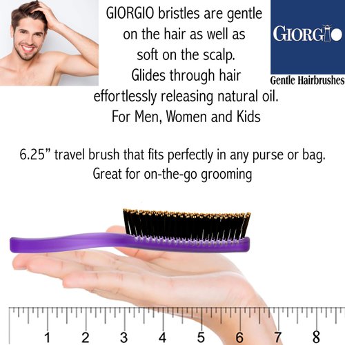 Giorgio GION2PP Neon Purple 6.25 inch Gentle Touch Detangler Hair Brush for Men and Women. Soft Bristles for Sensitive Scalp. Wet and Dry for all Hair Types. Scalp Massager Brush Stimulate Hair Growth