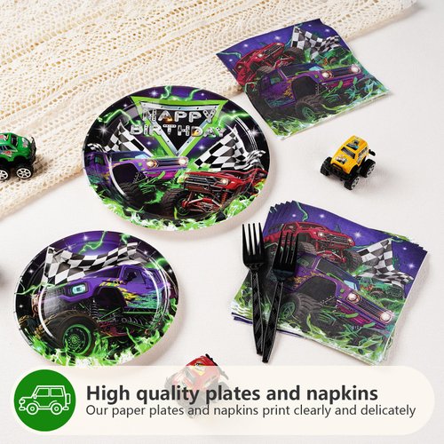 96Pcs Monster Truck Birthday Decorations Green Purple Monster Truck Party Plates Disposable 350GSM Monster Truck Tableware Set for Kids Boys Monster Jam Birthday Monster Truck Theme Party, Serves 24