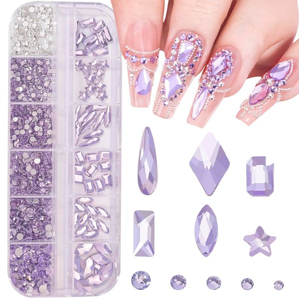 Multi Shapes Light Purple 3D Glass Crystal Nail Art Rhinestones Kit with 0.8mm Round Bead Charm Flatback Gem Stone Jewelry Diamond for Manicure Makeup DIY Craft Decoration