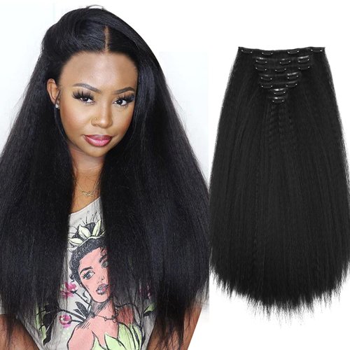 Quantum Love Kinky Straight Clip in Hair Extensions Full Head Yaki Straight Clips Ins for Black Women Natural Black Synthetic Hair 7 Pcs with 16 Clips (22 Inch)