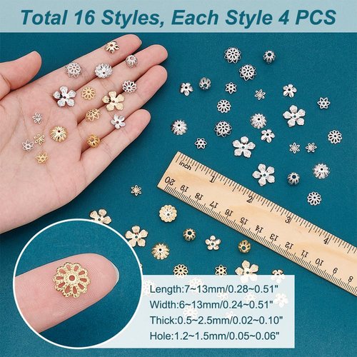 PH PandaHall 24K Gold Plated Flower Bead Caps, 64pcs 8 Shapes Flower End Cap Brass Multi-Petal Bead Cap Bails End Charm Caps Spacer Beads for Earring Bracelet Necklace Jewelry Craft, Golden/Platinum
