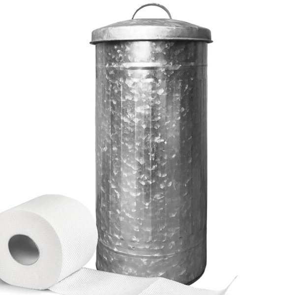 Autumn Alley Farmhouse Galvanized Metal Free Standing Toilet Paper Holder Organizer Stand Canister with Lid – Fits 3 Mega Rolls, Rustic Enclosed Toilet Storage Stand