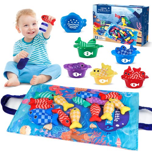 Montessori Fishing Game for Toddlers 1-3, Cloth Fishing Toys for Toddlers with Stacking Cups Educational Learning Toys - Number Counting, Color Sorting, Baby Sensory Toy for 6-12 Months, Baby Gifts
