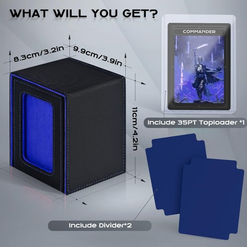 ZLCA MTG Deck Box with Commander Window Display, Trading Card Storage Box Holds 100 Double-Sleeved Cards Suitable for TCG/CCG/PTCG/EDH/Magic/Sport Cards (Black&Blue)