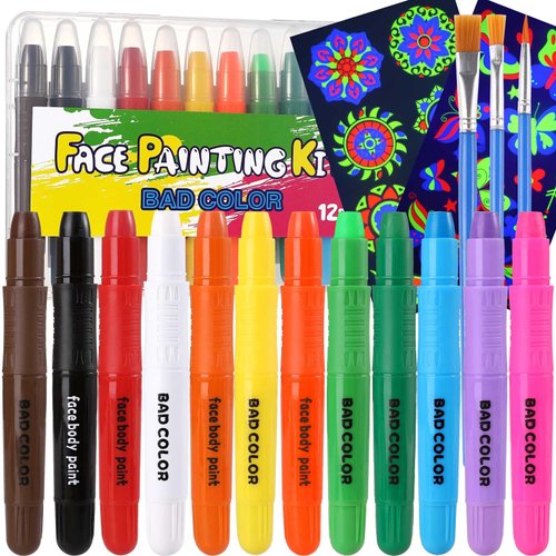 BADCOLOR Face Painting Kits for Kids, 12 Colors Twistable Face Paint Sticks, 3 Type Brushes, Water Based Washable Face Paint Crayons Kit for Halloween Cosplay Makeup Body Paints for Children Adult