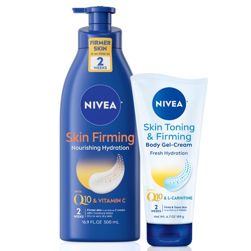 NIVEA Skin Firming Skin Care Set with Q10, Skin Firming Nourishing Hydration Body Lotion with Vitamin C, 16.9 Fl Oz Bottle + Skin Toning and Firming Body Gel Cream with L-Carnitine, 6.7 Oz Tube