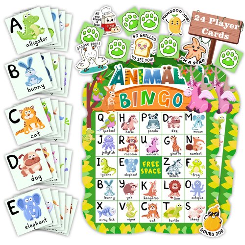 Animal Bingo Game for Kids Toddler Adults Family, Animal Bingo Cards Letter Recognition Jungle Safari Party Game with 24 Players & 40Pcs Punny Stickers for Party Favors Kindergarten Activity Supplies