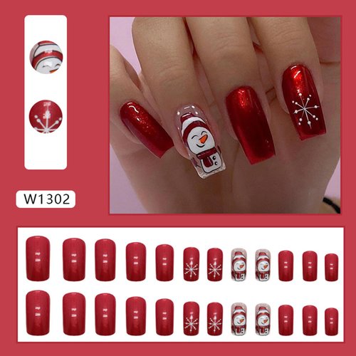 Christmas Press on Nails Cute Snowman Snowflake Design Fake Nails Glossy Red Solid Color False Nails with Glue on Nails Medium Square Artificial Nails Reusable Stick on Nail for Women Holiday Manicure
