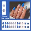 MISUD Press on Nails Short Almond Fake Nails Glossy Glue on Nails Summer Blue Acrylic Nails Stiletto Artificial Nails Cute Flower Stick on False Nails with Design 30pcs