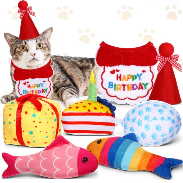 Glimin 7 Pcs Birthday Cake Cat Catnip Toy Set Birthday Themed Catnip Toys Cat Birthday Hat Scarf Cat Birthday Gift Interactive Cat Toy Birthday Cake Box Fish Balloon Toys for Indoor Cats Chewing