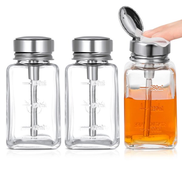 Guiqulai 3 Pcs Clear Pump Dispenser Bottle Push Dispenser with Metal Flip Cap 180ml Glass Dispenser Pressure Container Refillable for Dispensing Nail Polish Remover Alcohol Toner and Makeup Remover