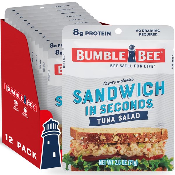 Bumble Bee Sandwich in Seconds Tuna Salad, 2.5 oz Pouches (Pack of 12) - Ready to Eat - Wild Caught Tuna Pouch - 8g Protein per Serving - Gluten Free