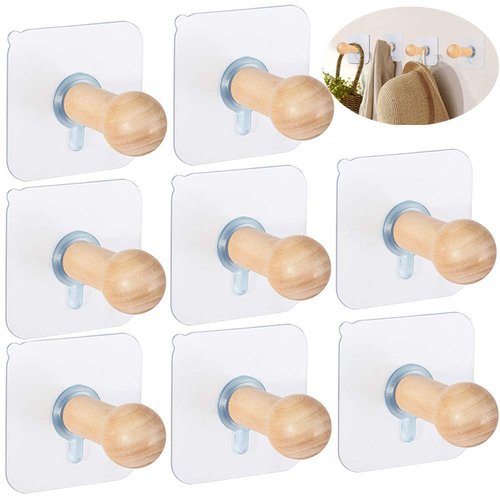 FOTYRIG Adhesive Hat Hooks for Wall Hat Hanger Wall Rack Mounted Coat Hanging Wooden Bathroom Hooks Stick On Door Closet Cabinet Wardrobe Entryway Waterproof OilProof-8 Packs