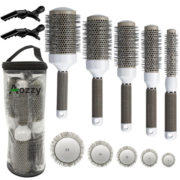 Round Brush Set for Blow Drying Curling, Professional Ceramic Ion Thermal Barrel Brush Leaves Hair Shiny Heat Styling Brush 5 Different Sizes Works Very Well with The Blow Dryer