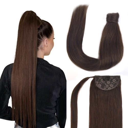 Vlasy Ponytail Extension Human Hair,16inch 70g Pony Tails Extensions Human Hair,Clip in Wrap Around Real Human Hair Ponytail Extensions,Long Straight Hair Extensions Ponytail(4#)