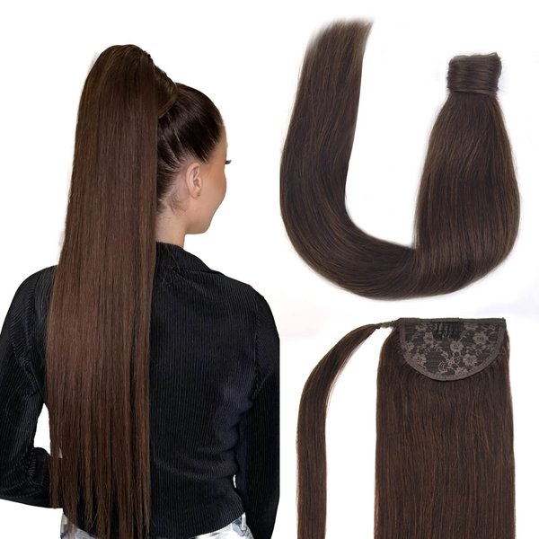 Vlasy Ponytail Extension Human Hair,16inch 70g Pony Tails Extensions Human Hair,Clip in Wrap Around Real Human Hair Ponytail Extensions,Long Straight Hair Extensions Ponytail(4#)