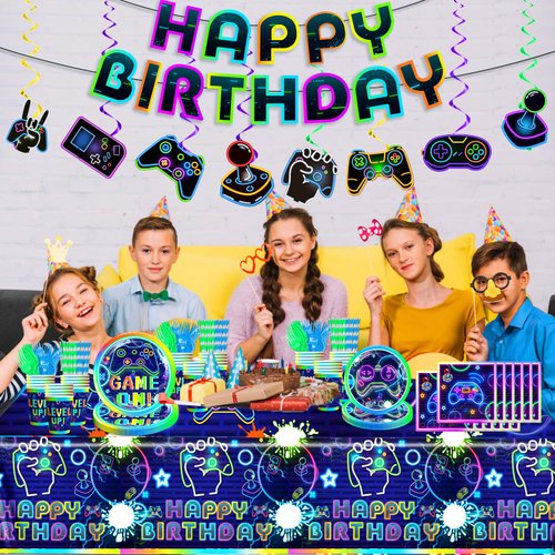 Yingoto Gamer Birthday Party Decorations Tableware Set, Video Game Birthday Decorations Tableware Serve for 25 Guests, Include Banner, Plates, Napkins, and Tablecloth, Etc, for Boys Birthday Party