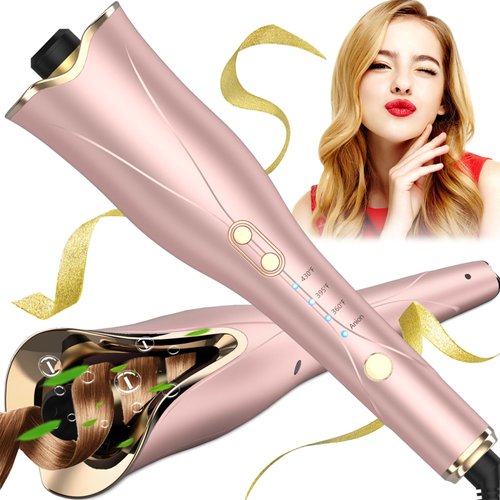Rotating Curling Iron 1 Inch, Smart Anti-Tangle Automatic Curling Iron with 3 Temperature to 430°F, Ceramic Curling Wand, 500 Million Ionic, Dual Voltage Automatic Hair Curler for Travel, Rose Gold