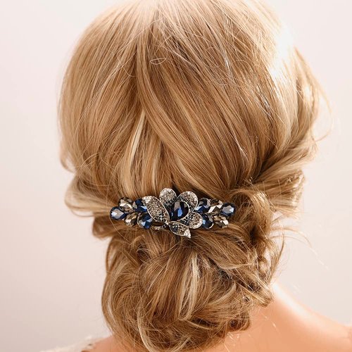 Aimimier Bridal Crystal Decorative Flower Hair Clips Sparkly Rhinestone Inlaid Barrettes Hair Pins Hair Accessories for Women (Blue)