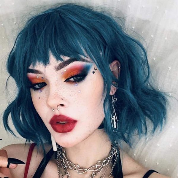 Rose bud Wavy Bob Wig with Bangs Natural Blue Wig Synthetic Hair Shoulder Length Short Curly Wigs for Women