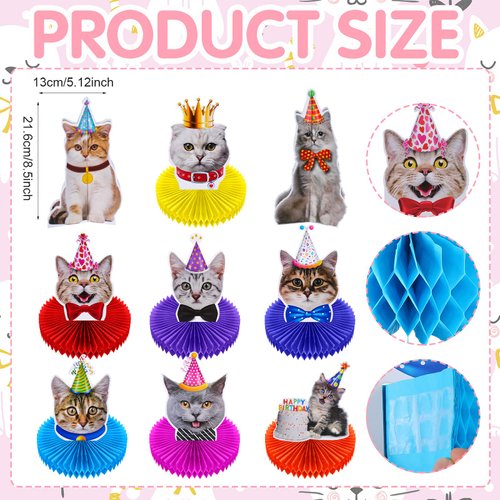 Teling 9 Pcs Cat Birthday Party Decorations Cat Themed Honeycomb Centerpieces Cats Party Supplies Cat Party Cake for Kids Baby Shower Birthday Supplies