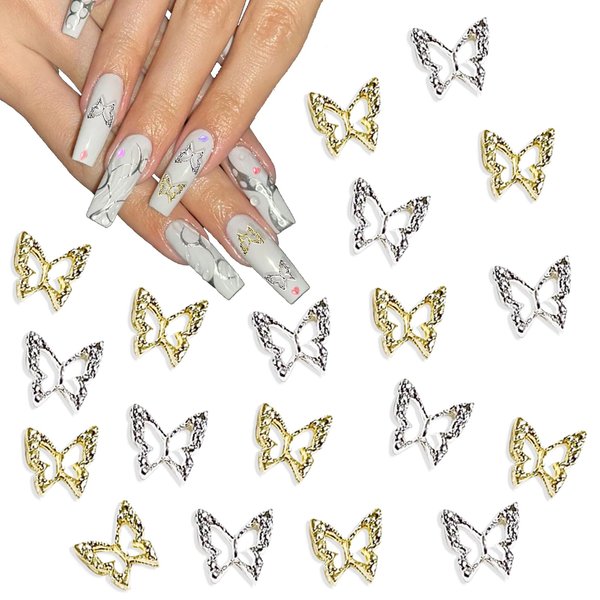 3D Alloy Butterfly Nail Art Charms,120pcs Golden Silver Butterfly Charms Decoration Valentine's Day DIY Nail Rhinestones Gems Charms for Women Nail Art Decorations