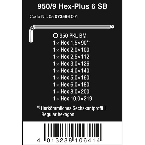 Wera - 5073596001 Hexagon 950 PKL/9 BM SB L-Key Set, BlackLaser, Ballpoint Hex Key, 9 Piece