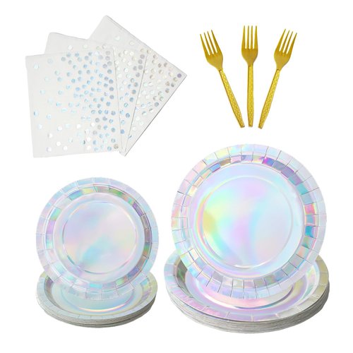 96 Pcs Iridescent Party Decorations Supplies Disposable Paper Dinner Plates and Napkins Forks Tableware Set for Mermaid Birthday Wedding Cocktail Party Serve 24
