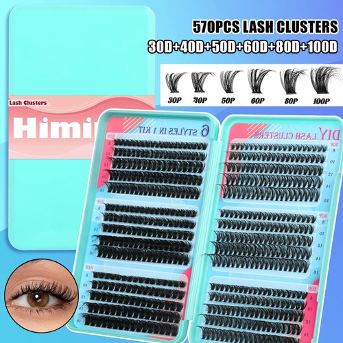 570PCS Himirell Eyelash Clusters - 30D+40D+50D+60D+80D+100D Wispy Individual Lashes, 8-16MM D Curl Lash Extension, Natural Lashes Clusters for Beginners DIY Cluster Eyelash Extensions