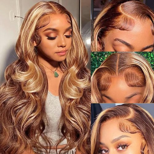 Lace Front Wig Pre Plucked Ready to Wear, HD Glueless 13X4 Synthetic Lace Front Wigs For Women 26inch Ready to Wear Wigs Beginner Friendly(30/27 Honey Blonde Highlight)