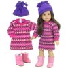 Sophia's Cute Mix & Match Fair Isle Pattern Knit Long-Sleeved Sweater Dress & Winter Pom-Pom Hat for 18” Dolls, Hot Pink/Purple