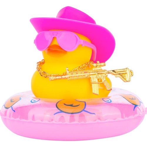 MuMyer Car Rubber Duck Dashboard Decoration Mini Yellow Duck Car Ornament Accessories with Mini Cowboy Hat Swim Tube Necklace and Colorful Sunglasses for Car Dashboard(Pink Sunglasses-Pink Cowboy Hat)
